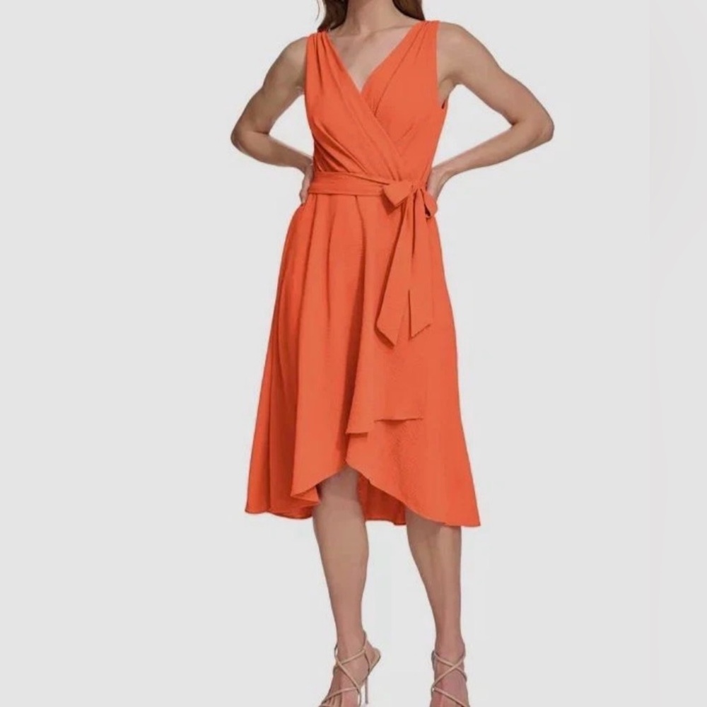 DKNY sleeveless faux-wrap midi dress in a vibrant orange color, Size 4